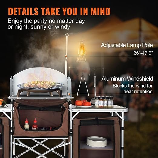 1 VBENLEM Camping Kitchen Table, Aluminum Portable Folding Camp Cook Table with Windshield, 3 Cupboard, Storage Organizer, Quick Installation for Outdoor Picnic Beach Party Cooking, Brown