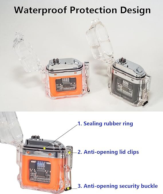 3 Waterproof Rechargeable Electric Lighter, Dual Arc Flame with LED Power Display, Plasma Lighter with USB Charging Cable, Lanyard for Outdoor Survival Adventures Camping, Hiking (Orange)