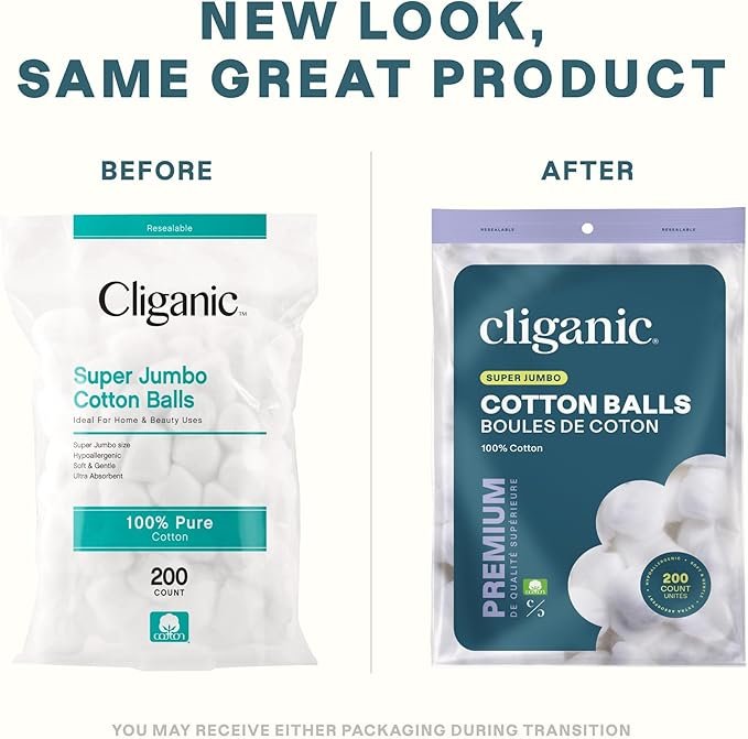 1 Cliganic Super Jumbo Cotton Balls (200 Count) - Hypoallergenic, Absorbent, Large Size, 100% Pure (Packaging May Vary)