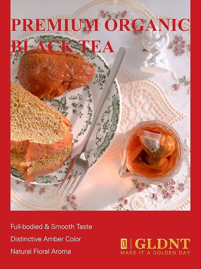 3 GLDNT Organic Black Tea Bags, Natural Organic Black Tea, Smooth & Mellow Flavor, Caffeinated, Hot & Iced Tea, 100 Count