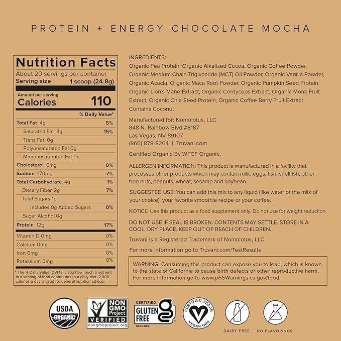2 Truvani Protein + Energy Drink Mix | 87mg Caffeine | 12g Protein | Chocolate Mocha | 20 Servings | USDA Organic, Vegan, Dairy & Gluten-Free, Non-GMO