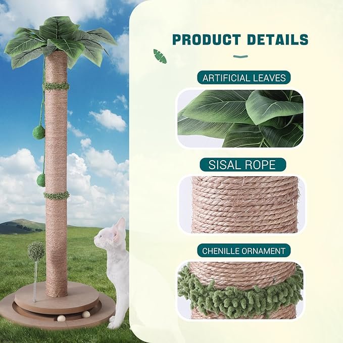 2 Scratching Posts for Indoor Cats Adults - 33.2" Tall Cat Scratching Post with Sisal Rope - Cute Kitten Cat Tree Scratching Post with Interactive Ball Track