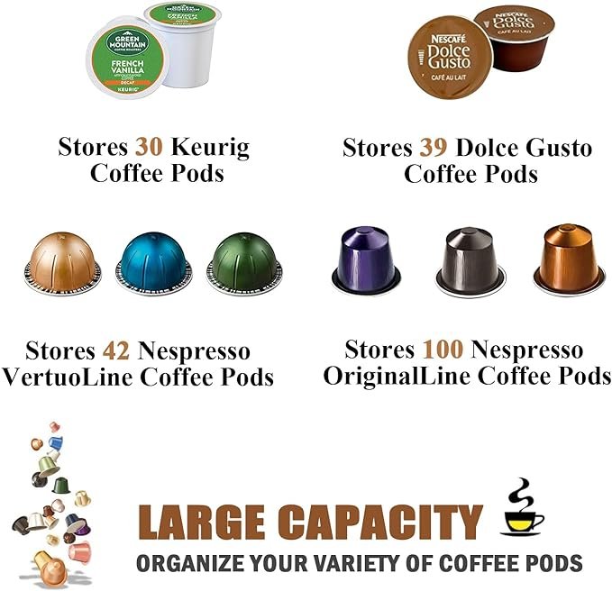 4 Charmount Coffee Pod Holder with Large Capacity, K Cup and Espresso Pod Organizer for Keurig Kcup and Espresso Capsule Storage in Brown