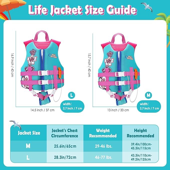 2 HeySplash Kid's Swim Life Jacket Vest, Child Size Watersports Swim Vest Floatation Device Toddler Floatie Trainer Vest with Emergency Whistle, Convenient Fastening, Ideal for 35-55 lbs (Size M)/ 55-77 lbs (Size L)