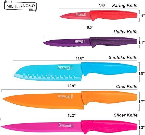 2 MICHELANGELO Knife Set, Sharp 10-Piece Kitchen Knife Set with Covers, Multicolor Knives, Stainless Steel Knives Set for Kitchen, 5 Rainbow Knives & 5 Sheath Covers