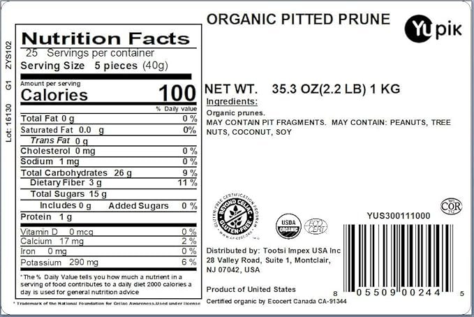 2 Yupik Organic Pitted Prunes, 2.2 lb, Non-GMO, Gluten-Free, Kosher, Vegan, Dried Fruits, No Pits, No Added Sugar, Sulphite-Free, Source of Fiber, Healthy Snacks, Ideal for Baking & Smoothies