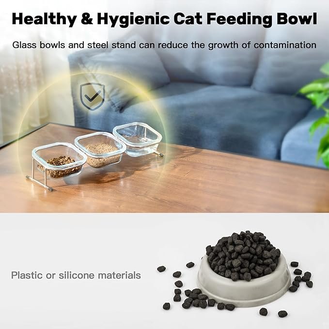 4 Hannadepot Elevated Cat Bowls, 15° Tilted Glass Raised Cat Food Bowl with Stainless Steel Stand, 3 Glass Cat Bowls and 4 Anti Slip Feet, Suitable for Cats and Little Dogs