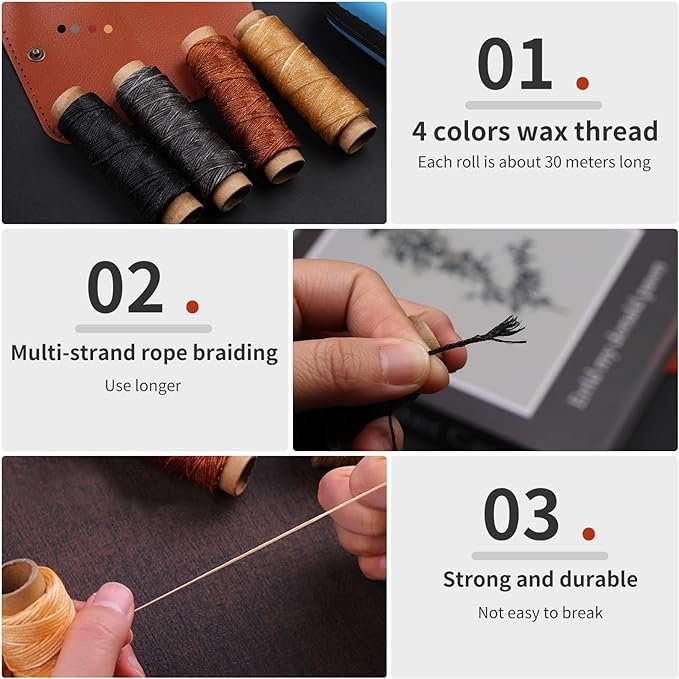 2 Leather Craft Sewing Set, Tool Kit for Leather Crafting, Complete Leather Working Set including Large-Eye Stitching Needles and Waxed Thread, Upholstery Repair Kit for Leather, DIY Leather Crafting Tools