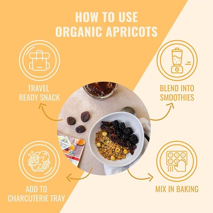 4 Sunny Fruit Soft Organic Turkish Dried Apricots - 1 Bag (5 Individual Portion Packs) | Healthy, Convenient Snack Packs | ORGANIC, NON-GMO, VEGAN, HALAL, KOSHER, NO PRESERVATIVES, NO SUGAR ADDED