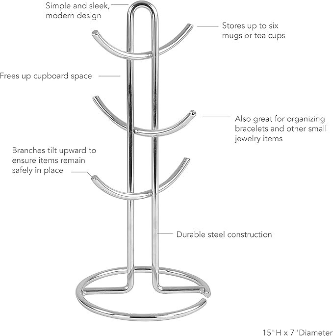 1 Spectrum 6-Holder Mug Tree, Steel Countertop Storage Rack, Chrome Finish