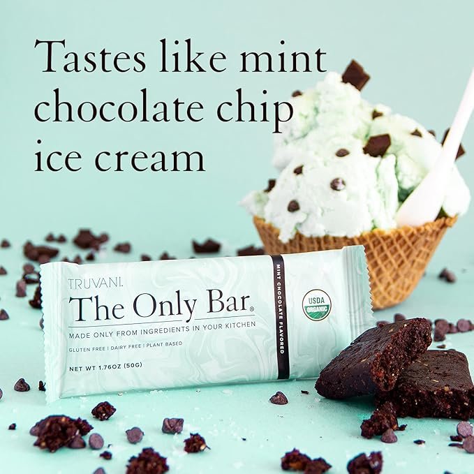 3 Truvani Plant Based Snack Bars | 7g Protein | 12 Pack Mint Chocolate | Organic | Vegan | The Only Bar | Dairy, Soy, and Gluten Free | Individually Wrapped