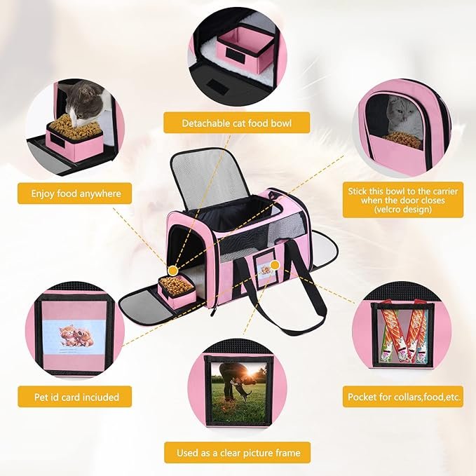 2 Seclato Cat Carrier, Dog Carrier, Pet Carrier Airline Approved for Cat, Small Dogs, Kitten, Cat Carriers for Small Medium Cats Under 15lb, Collapsible Soft Sided TSA Approved Cat Travel Carrier, Pink