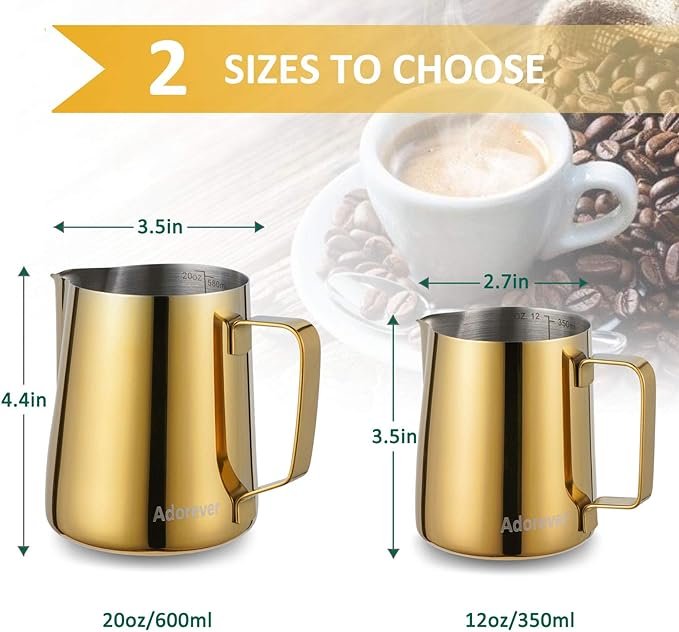 6 Milk Frothing Pitcher, 350ml (12oz) Steaming Pitchers Stainless Steel Milk Coffee Cappuccino Latte Art Barista Steam Pitchers Milk Jug Cup with Decorating Art Pen, Gold