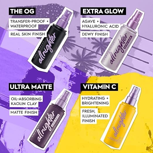 4 Urban Decay All Nighter Waterproof Makeup Setting Spray Set - Long Lasting, Up To 16 Hours - Oil-Free, Natural Finish - Non-Drying Formula for All Skin Types – 4.0 Fl. Oz + 1.0 Fl. Oz