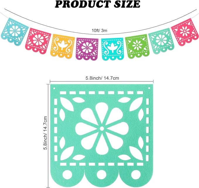 1 2 Mexican Fiesta Party Decorations Banners, Felt Cinco de Mayo Decorations Banner, Day of The Dead Decor Papel Picado Banner, Dia De Los Muertos Garlands, Fiesta Birthday Baby Shower Flags