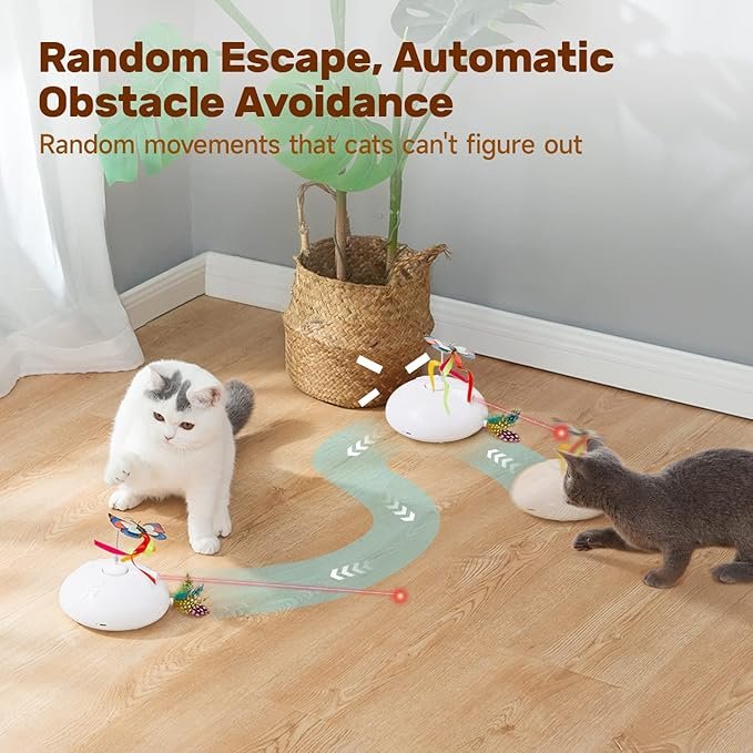 3 Potaroma Electric Running Cat Laser Toys Interactive, Fluttering Butterfly, 4in1 Automatic Rechargeable Kitten Toy, Colored Feather, Indoor Exercise Cat Kicker, White