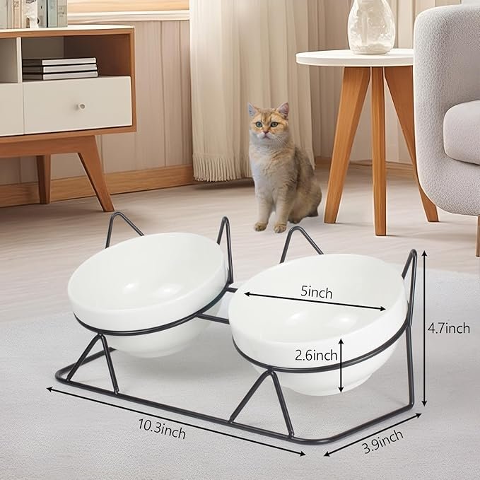 3 Elevated Tilted Cat Bowls for Indoor Cats，Raised Ceramic Cat Bowl Elevated 15°,Pet Feeding Bowls for Food and Water Anti Vomiting Bowl(Double Ceramics Bowls and Tilt Shelf) Suitable for All Cat Sizes