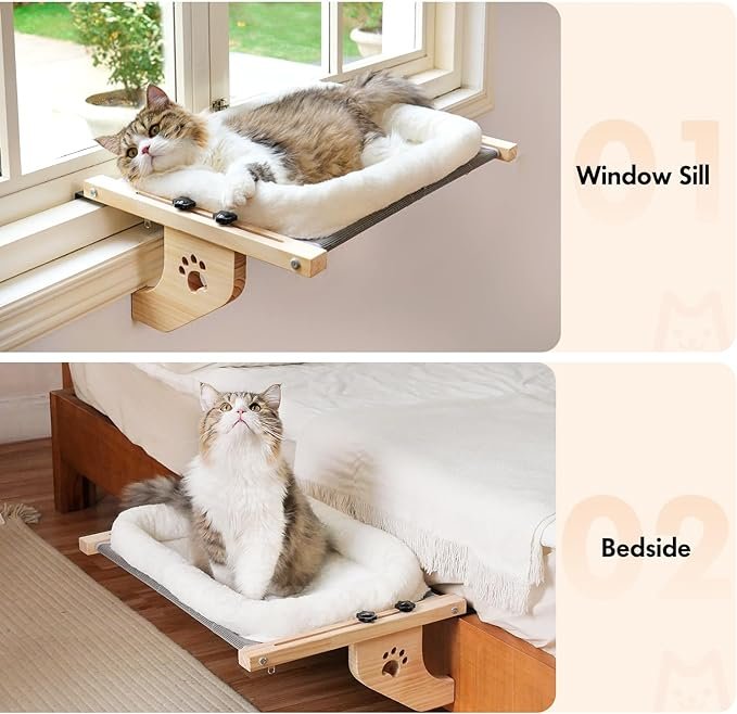 4 AMOSIJOY Cat Sill Window Perch Sturdy Cat Hammock Window Seat with Cushion Bed Cover, Wood & Metal Frame for Large Cats, Easy to Adjust Cat Bed for Windowsill, Bedside, Drawer and Cabinet(Cushion Bed)