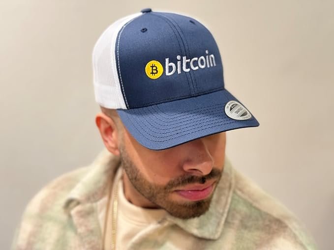 1 Bitcoin Trucker Hat Navy/White - Stylish Cap for Digital Currency Enthusiasts, Perfect Accessory for Bitcoin Investors, Medium-Large