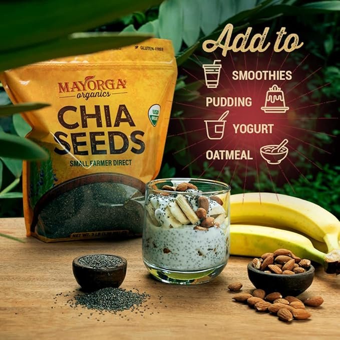 3 Mayorga Organic Raw Chia Seeds, 3lb Resealable Bag | Superfood w/Plant-Based Omega 3 & Vegan Protein | USDA Certified, Gluten-Free, Non-GMO, Direct Trade, Kosher | Add to Breakfast, Oats & More