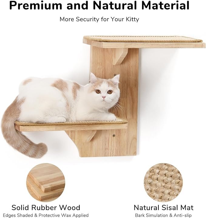 3 FUKUMARU Cat Wall Shelves, 2 Platforms, Tree Shape, Solid Rubber Wood, Sisal Mat, 10x28x18 inches, 10 lbs Capacity, Wall Mounted Cat Furniture for Climbing, Play, Nap