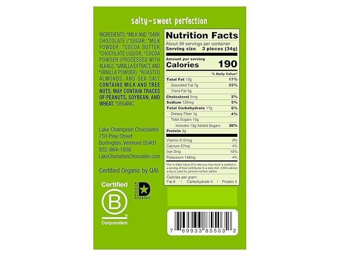 1 LAKE CHAMPLAIN CHOCOLATES Organic Sea Salt and Almond Milk Chocolate Square, 0.4 OZ