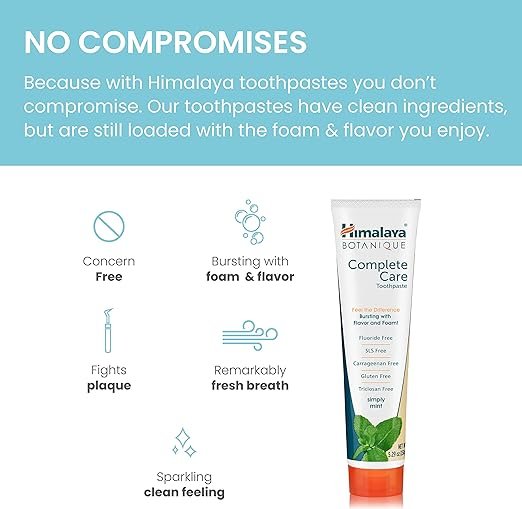 3 Himalaya Complete Care Toothpaste, Simply Mint, Fluoride Free Plaque Reducer for Brighter Teeth and Fresh Breath, 5.29 oz, 4 Pack