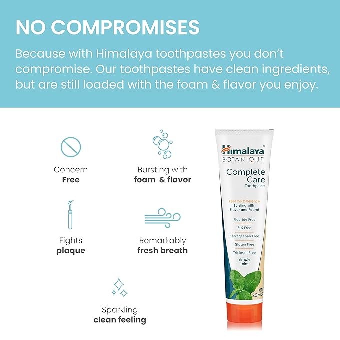 6 Himalaya Complete Care Toothpaste, Simply Mint, Fluoride Free Plaque Reducer for Brighter Teeth and Fresh Breath, 5.29 oz, 4 Pack