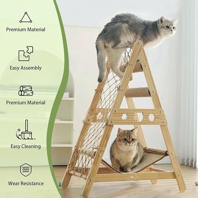 1 Cat Tower for Indoor Cats with Hammock Straching Post Climbing Web and Danging Sisal Ball, Cute Solid Wood Cat Tree