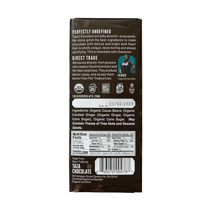 1 Taza Chocolate Organic Amaze Bar 95% Stone Ground, Wicked Dark with Ginger, 2.5 Ounce (10 count), Vegan
