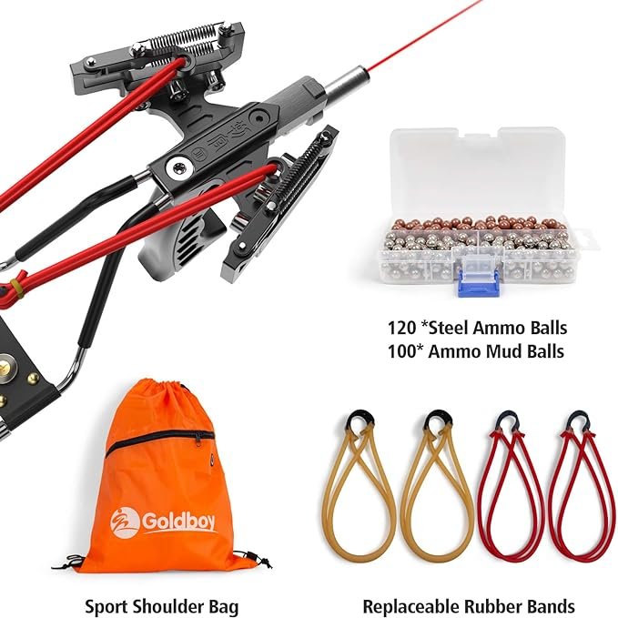 1 Professional Slingshot with Laser Sight - Goldboy Edition; Advanced Adult Hunting Slingshot with Rubber Band Replacements and Ammunition