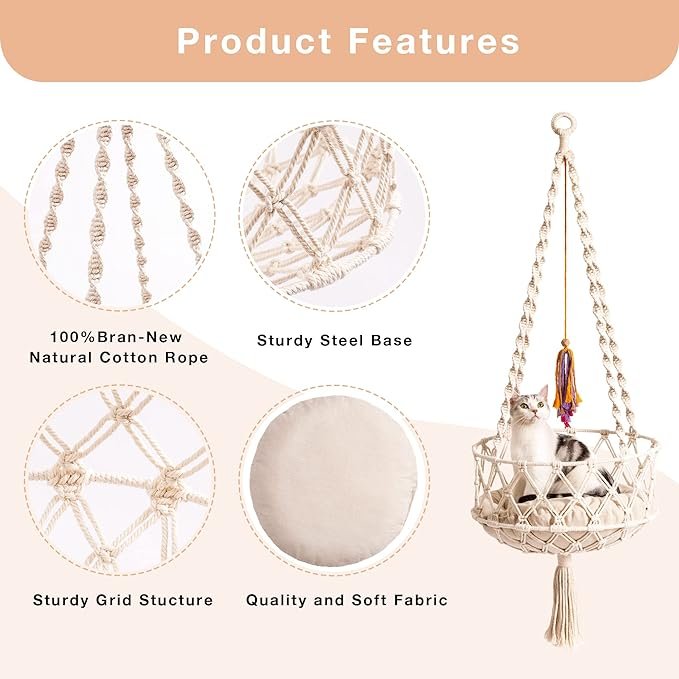 1 MEWOOFUN Hanging Macrame Cat Hammock Bed, Cat Swing Bed Space Saving Window Perch with Washed Cotton Mat & Funny Cat Toy for Indoor Cats