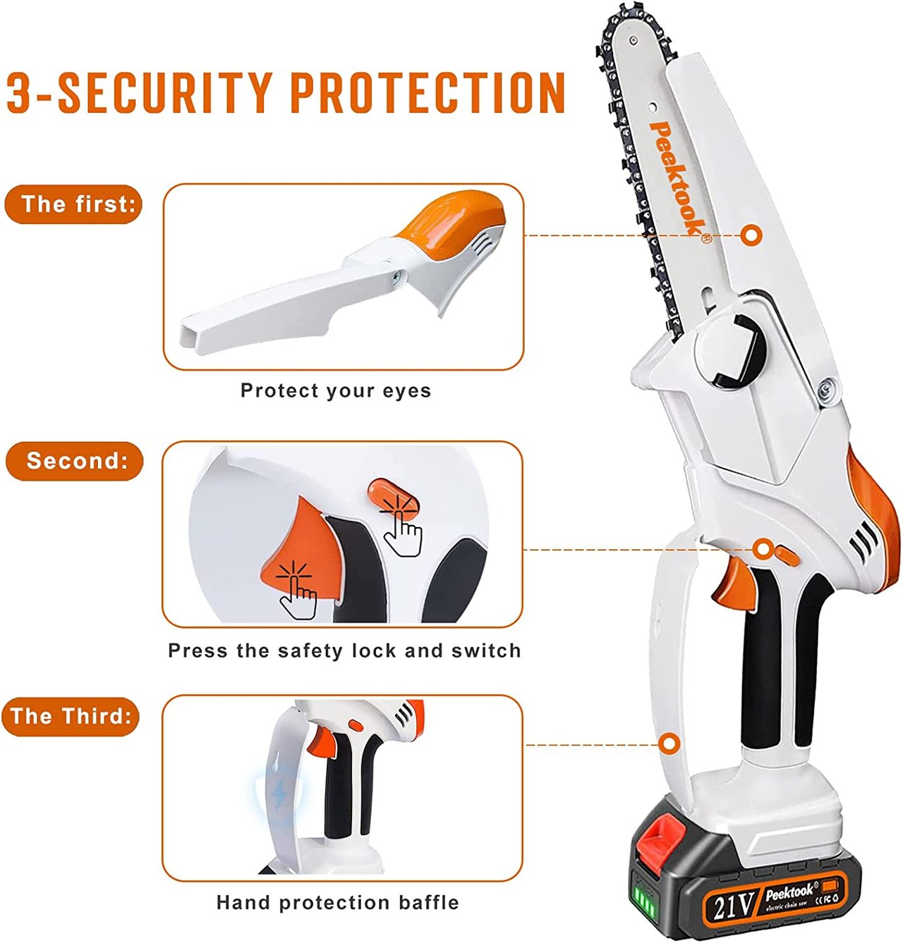 5 Peektook Mini Chainsaw Cordless Electric Chainsaw, Upgrated 6 Inch Chain Saw with 2 Battery and 2 Chains, Portable Scie à Chaîne à Batterie with Safety Lock and Strong Power Perfect for Trim Shrubs/Branches/Logging in Gardens Yards and Camping