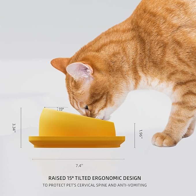 1 LINSHANMIN Tilted Cat Food Bowls, Cat Feeding Bowls Whisker Friendly, Raised Cat Bowls for Indoor Cats, Slanted Flat Plastic Feeder Elevated Angled Design, 3 in 1 Combined Cat Food Bowls(Yellow)