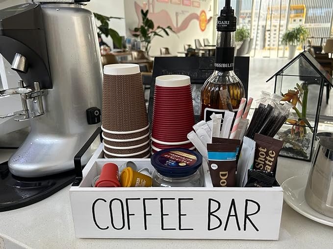 1 Wooden Coffee Bar Storage, Countertop Coffee Accessories Organizer, Rustic Coffee Pod Holder with Handle, White Coffee Bar Decor Organizer