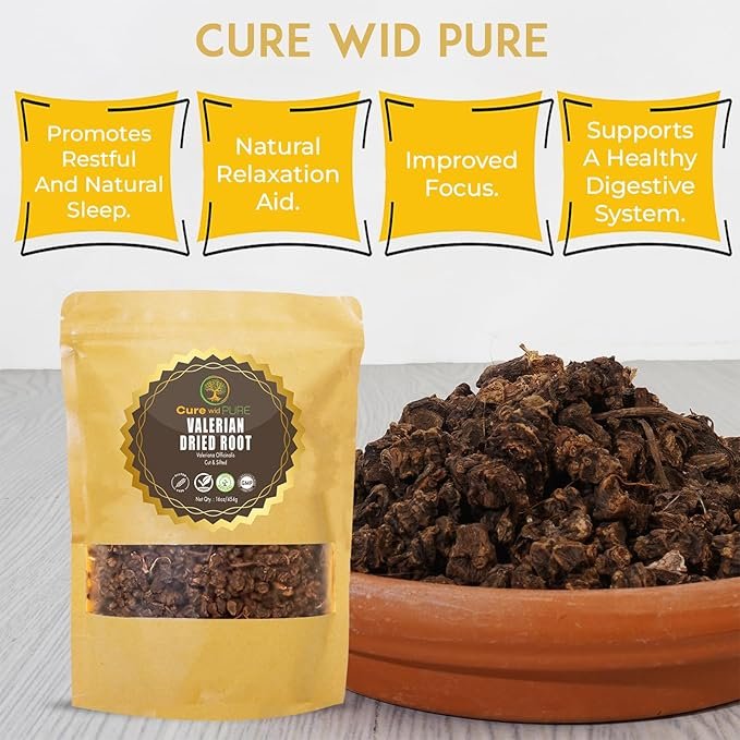 2 Cure wid Pure Organic Valerian Root Tea - Cut,Sifted & Non-Irradiated Valerian Tea Promotes Natural Relaxing Sleep - Te De Valeriana officinalis in Resealable Eco Friendly Pouch 16oz