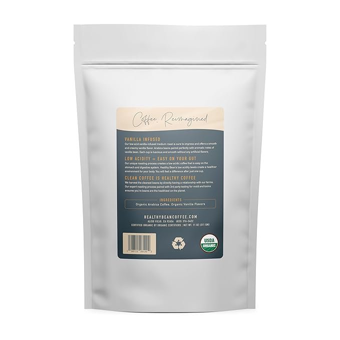 1 Healthy Bean Coffee Vanilla Infused - Organic Ground Coffee Medium Roast - Low Acid Coffee Grounds - Smooth and Creamy Vanilla Coffee, Clean Coffee, Healthy Coffee - USDA Mycotoxin Free Coffee, 11oz