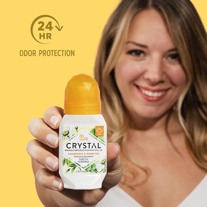 1 CRYSTAL Mineral Deodorant Roll-On- Body Deodorant With 24-Hour Odor Protection, Non-Staining & Non-Sticky Deodorant with Chamomile & Green Tea, Aluminium Chloride & Paraben Free, 2.25 FL OZ - 3 Pack