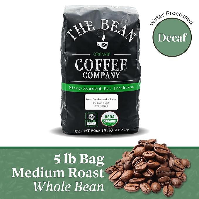 1 The Bean Organic Coffee Company Water Processed DECAF South America Blend, Medium Roast, Whole Bean Coffee, 5-Pound Bag