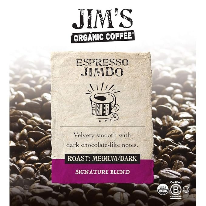 1 Jim’s Organic Coffee – Espresso Jimbo Blend – Medium/Dark Roast, Whole Bean, 11 oz Bag