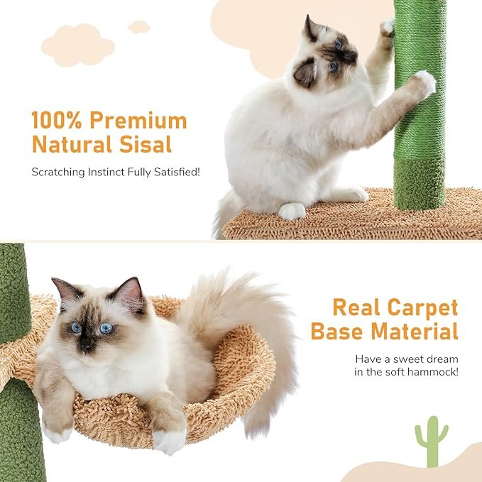 2 PAWZ Road Cat Tree, Cactus Floor to Ceiling Cat Tower with Adjustable Height(95-108 Inches), 5 Level Cat Climbing Tower with Cozy Hammock, Platforms and Dangling Balls for Indoor Cats