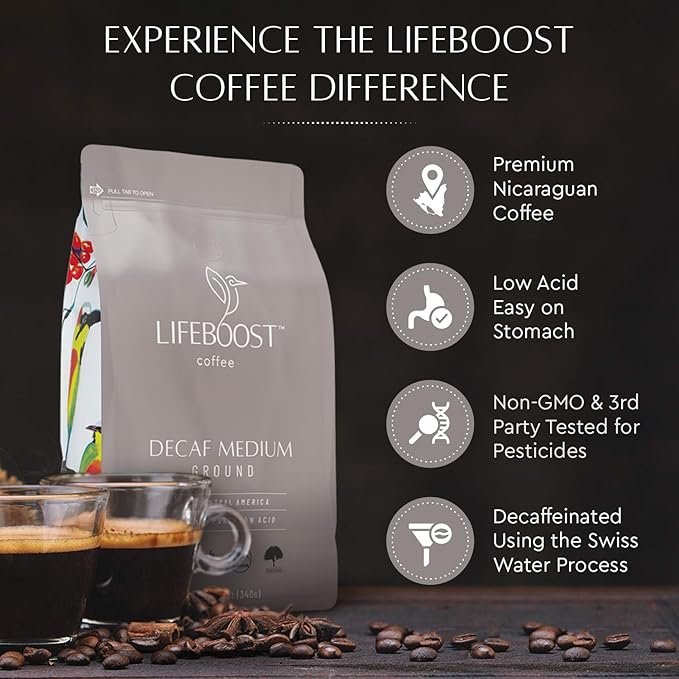 5 Lifeboost Coffee Medium Roast Swiss Water Decaf Coffee Ground - Low Acid Single Origin USDA Decaf Organic Coffee - Non-GMO Coffee Third Party Tested For Mycotoxins & Pesticides - 12 Ounces