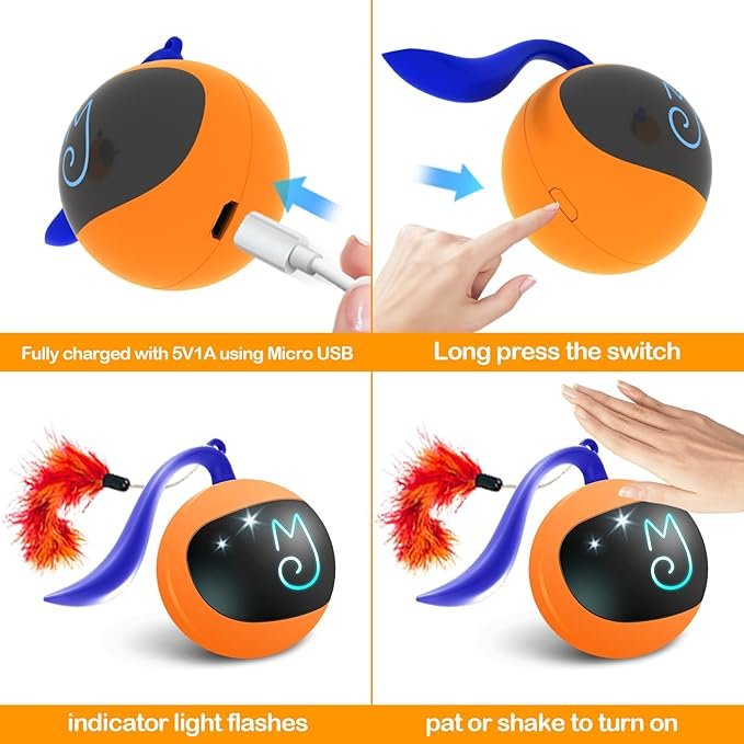 4 Migipaws Interactive Cat Ball Toy Set, Fun Tracker, Automatic Rolling Chase Ball with Fluffy Tail, A Small Mice, Rechargeable（Orange）