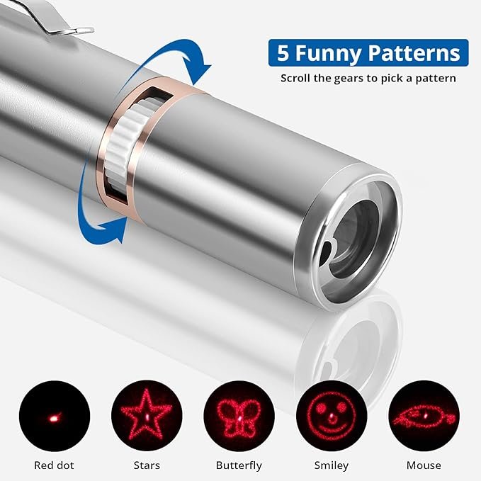 1 TBTeek Cat Laser Pointer Toys, 2 Pieces, Rechargeable, 7 Adjustable Patterns, Interactive Kitten Pet Dog Red Dot Chase Light Toy for Indoor Cats Fun Playing Exercise