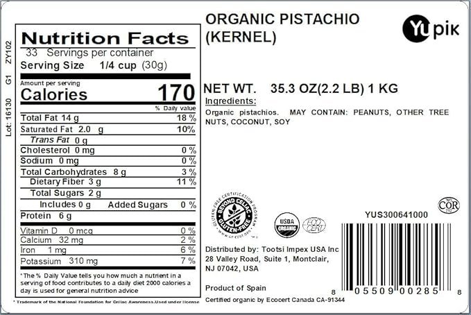 2 Yupik Organic Raw Pistachios, No Shells, 2.2 lb, Gluten-Free, Non-GMO, Kosher, Vegan, Kernels, Unsalted, Crunchy Shelled Nuts, Source of Fiber & Protein, Healthy Snacks, Ideal for Baking & Cooking