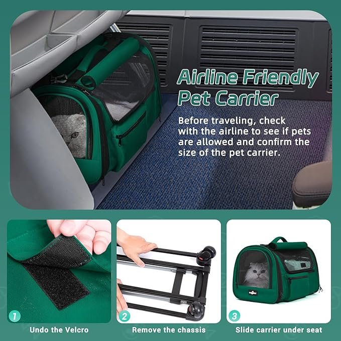 2 Paw Ballet Cat Carrier with Wheels, Foldable Airline Approved Dog Cat Carrier with Wheels for Cat Dog Under 20 lbs, Rolling Cat Carrier Travel Bag with Telescopic Handle for Walking Travel Vet Visits