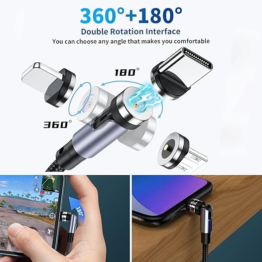 1 MAG360° Rotation Magnetic Charging Cable (2-Pack,6.6FT/6.6FT), 3 in 1 Magnetic Phone Charger with LED Light Compatible with Micro USB, Type C and iDevice | Jet-Black Durable Braided Cords