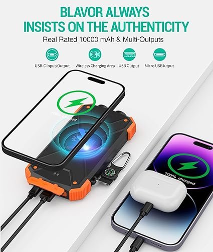 2 BLAVOR Portable Solar Power Bank, Wireless Charger 10,000mAh, Dual Flashlight, Carabiner