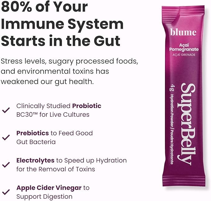 3 Blume SuperBelly Gut Health and On-The-Go Hydration Packets, Sugar-Free, with Prebiotics, Probiotics, Apple Cider Vinegar, Vitamin C, and Electrolytes, Açai Pomegranate, 15 Sticks