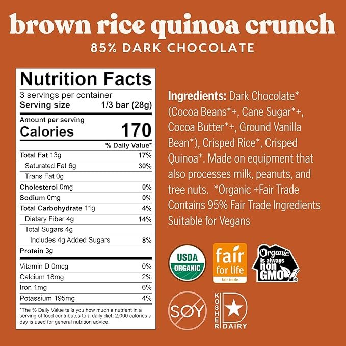 1 Theo Chocolate Brown Rice Quinoa Crunch Organic Dark Chocolate Bar, 85% Cacao, 6 Pack | Vegan, Fair Trade